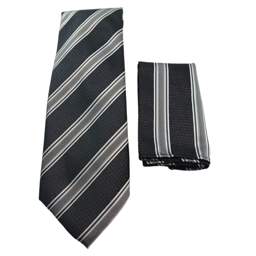Azzuro Uomo Mens Tie & Pocket Square Set Black Gray Striped Business Formal